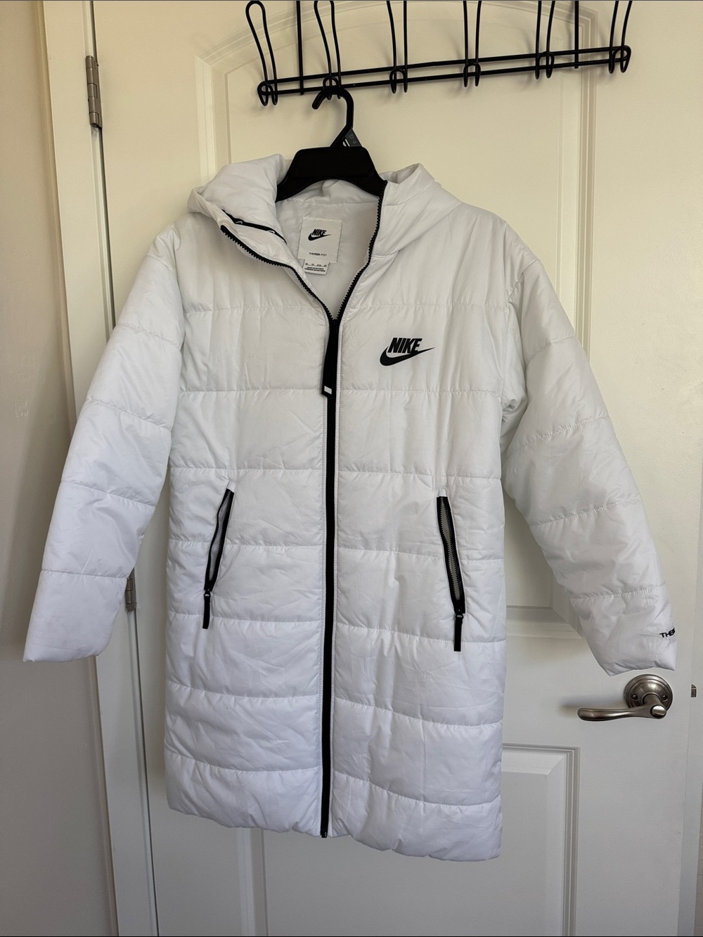 Nike White Long Quilted Puffer Coat with Black Trim